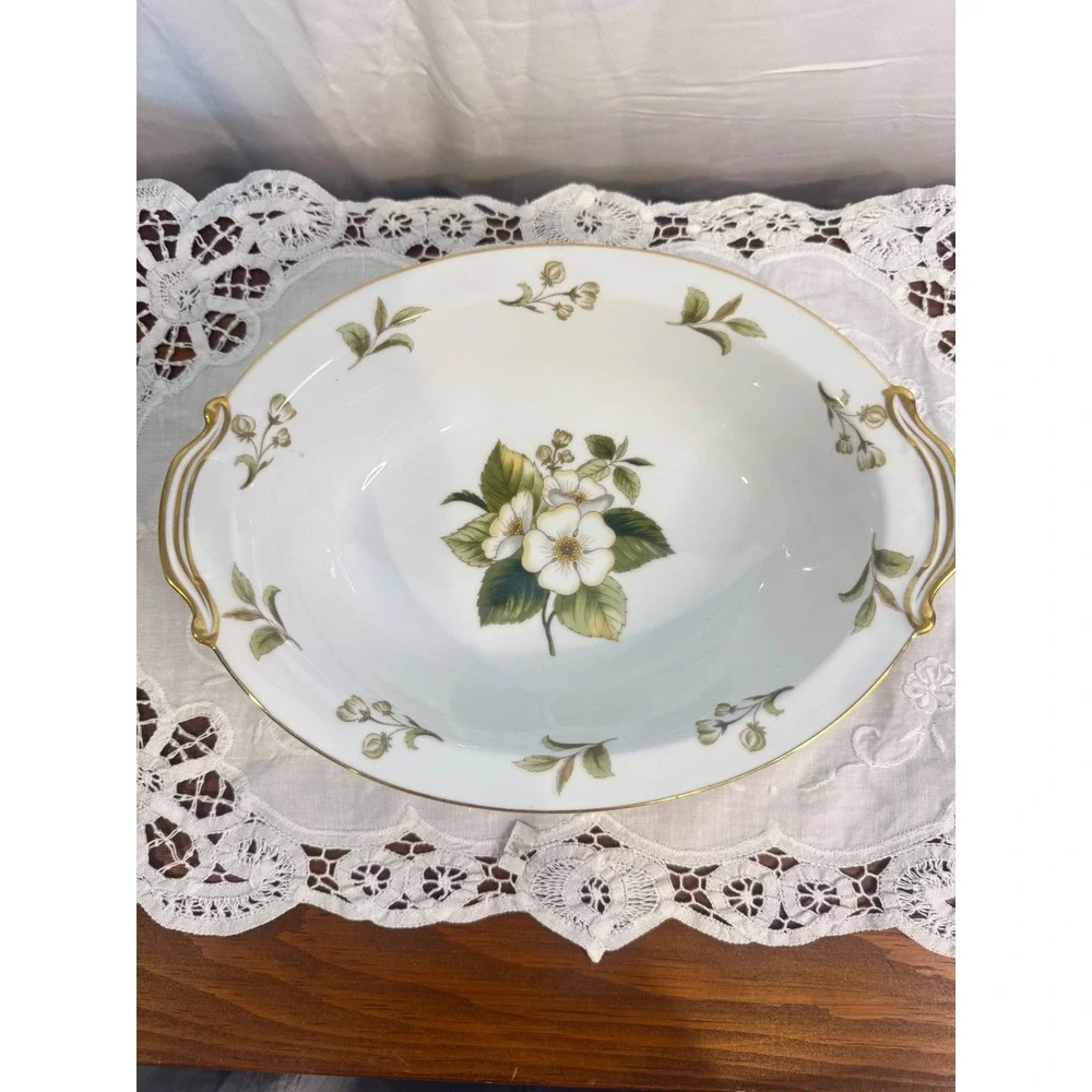 Noritake White Rose Oval Vegetable Serving Bowl Gold Trim Made in Japan 10.5in
